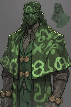 a drawing of a man in a green coat with numbers on it