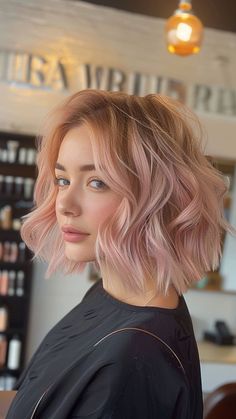 30 Evolving Hair Color Trends to Try Rose Pink Blonde Hair, Blush Pink Blonde Hair, Pale Pink Short Hair, Blush Hair Color Blondes, Blonde Hair With Pop Of Color Short, Soft Pink Blonde Hair, Blonde To Pink Ombre Hair, Rose Peach Hair, Lived In Pink Hair