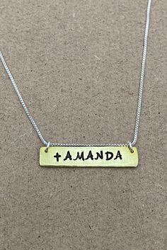 "We offer this Bar Necklace in Brass or Copper with a sterling silver chain for $25. We can make any name or date or Roman Numerals on this piece. We can personalize up to 12 characters which allows you to super creative. You get to help out in the design process to ensure the fit is perfect. This is also a great group gift, for wedding, best friends, a baby shower or sorority to name a few ideas m Each letter is stamped on the bar necklace, by Master Craftsman, Adolfo Ambriz in Fredericksburg, Horse Hair Bracelet, Hair Bracelet, Group Gifts, Bar Necklace Personalized, Greek Letters, Silver Box, Chain Ring, Bar Necklace, Name Necklace