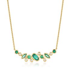 .30 ct. t.w. Scattered-Emerald Necklace with Diamond Accents in 14kt Yellow Gold. 14" Bridal Jewels, Wardrobe Interior, Necklace With Diamonds, Necklace With Diamond, Necklace Emerald, Diamond Signet Ring, Stock Design, Emerald Birthstone, Oval Necklace