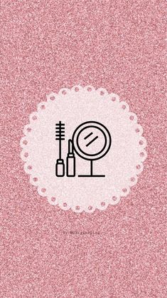 a pink glitter background with a black and white icon