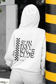 🏁 Gear up in style and comfort with our trendy two-sided hoodie showing everyone you're part of the Sunday Racing Club - because when it comes to F1, there's no such thing as too much flair! 🏎️ 🧶 Made from a delightful blend of 50% cotton and 50% polyester, this sweatshirt is the perfect blend of softness and durability. The ribbed knit collar with seam ensures a snug fit that'll keep you feeling snug and stylish, while the absence of side seams adds to its sleek look. With its loose fit and White Techwear Hoodie With Letter Print, Aesthetic Formula 1, Formula 1 Merch, F1 Hoodie, Formula 1 Shirt, Formula 1 Aesthetic, F1 Merch, Merch Aesthetic, Aesthetic Sweatshirt