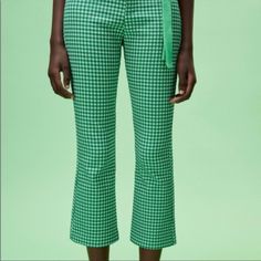 Nwt Zara Green Gingham Pants Xs Plaid Straight Leg Pants For Spring, Chic Gingham Wide Leg Pants, Spring Plaid Wide Leg Pants, Plaid Straight Pants For Spring, Fall Gingham Trousers, Chic Gingham Pants For Summer, Spring Plaid High-waisted Pants, Gingham Ankle-length Spring Pants, High Waist Plaid Pants For Spring