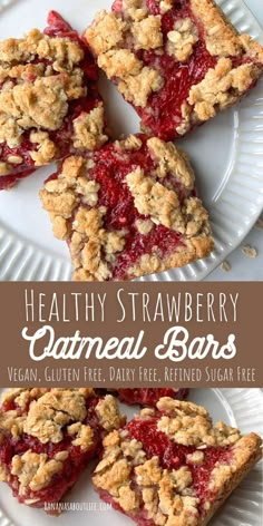 healthy strawberry oatmeal bars on a white plate with the title above it