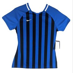 Womens Blue Soccer Referee Shirt Size M Medium Crossfit Vertical Striped Top Please See Pictures For Details And Measurements. Rrr30 If There Are Flaws, They Are Pointed Out With A Marker. This Is An Athletic Fit. Chest Is Measured Armpit To Armpit On Everything. If This Is A Tank Top, It Is The End Of The Fabric At The Armpit. Length In The Collar To The Bottom Of The Shirt Measured From The Back In The Middle. You Can Compare Measurements Of Your Own Top To See If This Would Fit Properly. Sporty Navy Nike Top, Sporty Blue Shirt For Sports, Nike Sporty Navy Top, Nike Navy Sports Tops, Sporty Blue Shirt, Blue Fitted Sports Shirt, Fitted Blue Nike Tops, Referee Shirts, Soccer Referee