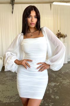 White Dress Classy Formal With Sleeves, How To Style A White Dress Classy, Highschool Graduation Dresses White, Style For Birthday Clothes, Off Shoulder Dress White, Birthday Dresses For 16th Birthday, Birthday Dress For 16th Birthday, Short White Dress Long Sleeve, White Long Sleeve Party Dress