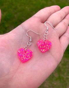 Neon Pink Sparkly Heart Earrings Handmade Dainty Dangle - Etsy Heart-shaped Pink Jewelry For Birthday, Handmade Double Heart Earrings For Party, Pink Heart Charm Earrings, Pink Dangle Heart Earrings For Party, Handmade Pink Double Heart Jewelry, Pink Nickel-free Heart Earrings For Valentine's Day, Pink Pierced Heart Earrings For Party, Pink Heart-shaped Earrings For Party, Pink Heart Earrings For Birthday