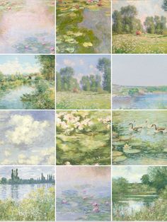 many different pictures of water lilies and trees in the same painting, each with their own image