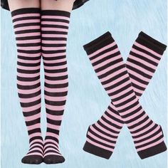 Nwt 1-Pair Striped Pattern Over The Knee Socks And 1-Pair Gloves Winter Striped Socks, Striped Stretch Socks For Winter, Stretch Striped Socks For Winter, Winter Striped Stretch Socks, Cute Black Knee-high Socks For Winter, Trendy Stretch Pink Socks, Trendy Pink Footless Leg Warmers, Trendy Pink Stretch Socks, Pink Socks For Stocking Stuffers