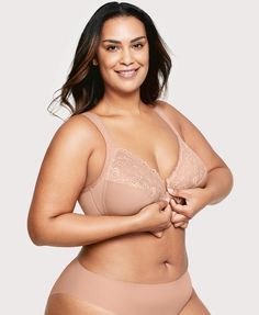 All the Support of a Wire, None of the Discomfort At the intersection of convenience and comfort is this plus-size bra. The secure front clasp goes on and off in a pinch while the cushioned wire never gets close enough to pinch back. WonderWire® design features a padded underwire with an extra layer of cushion to prevent wire poke. Lace-topped cups feature side-bust control to shape and support. Easy on and off secure front closure. Wide, cushioned straps adjust to your fit. Featured on our Best Mid Size Fashion, Front Closure Bra, Tamil Girls, Minimiser Bra, Plus Size Bra, Mid Size, Curvy Girl Fashion, Bras And Panties, Beautiful Smile Women