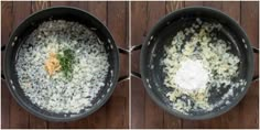 two pictures showing the same process of cooking food in a pot on a wooden table