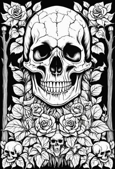 a black and white drawing of a human skull surrounded by roses on a black background