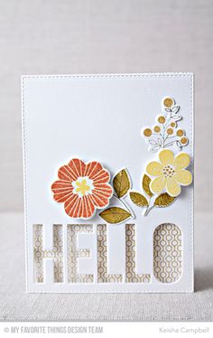 a card with flowers on it and the word hello written in large letters is shown