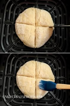 two pictures of bread being made in an air fryer with a blue spatula