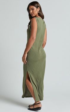 Jessenia Maxi Dress - Linen Look High Neck Dress in Olive