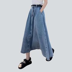 Be daring and make a statement this season with our 2023 Spring-Summer Collection street trend long flare women's denim skirt! This high-waisted denim skirt is designed to hug your silhouette. it has a fit type and flare fit and features a zipper and a button closure for added style and functionality. It also has a pebble-washed design with a distinctive damaged pattern. making it the perfect mix of contemporary fashion and nostalgic grunge.Key Highlights: Grunge Galore: Inspired by the iconic ' Flare Denim Skirt, Denim Skirts Online, Flared Denim Skirt, Womens Denim Skirts, High Waisted Denim Skirt, Fit And Flare Silhouette, Denim Skirt Women, Jeans Skirt, Street Trends