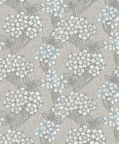 a floral pattern with blue and white flowers on a gray background, suitable for wallpaper or fabric