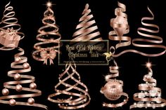 christmas tree ribbons and ornaments on black background with gold ribbon, ornament and baubles