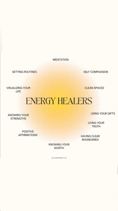 an energy poster with the words energy healers written in yellow and black on it