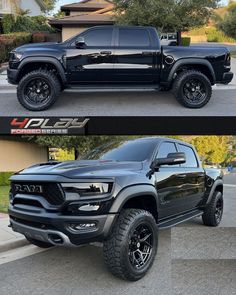 two pictures of the same truck in different colors and sizes, one is black with chrome wheels