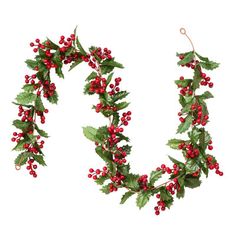 holly garland with red berries and green leaves hanging from it's sides on a white background