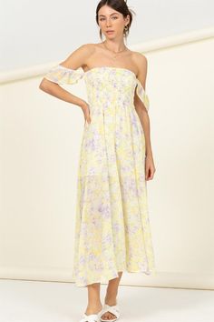 PASTEL FLORALS SMOCKED MIDI DRESS YELLOW Dress Cascading Dress, Asymmetrical Midi Dress, Yellow Midi Dress, Smocked Dress, Pink Midi Dress, Pastel Floral, Flared Skirt, Floral Midi Dress, Sheer Fabrics