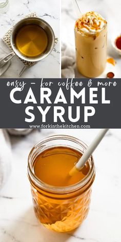 caramel syrup in a jar with text overlay that says easy for coffee and more