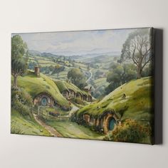 a painting of a green hobbot house in the middle of a hilly area