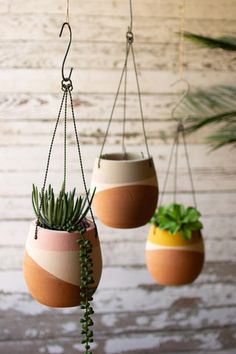 three hanging planters with plants in them