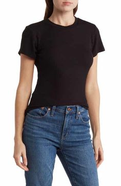 Madewell Vintage Crewneck Cotton T-Shirt | Nordstromrack Build Your Outfit, Black Short Sleeve Shirt, T Shirt Cut, Ribbed Shorts, Vintage Crewneck, Cut Tshirt, Cut Shirts, Shirt And Pants, Black Shorts