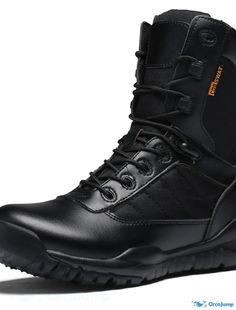 OrcaJump - Mens Casual Hiking Booties/Ankle Boots - Black Canvas PU - Fall/Spring Black Combat Lace-up Boots, Slip-resistant Round Toe Combat Boots For Hiking, Wear-resistant Combat Boots With Round Toe, Combat Style High-top Wear-resistant Boots, Black Waterproof Lace-up Boots For Walking, Winter Moto Boots With Metal Protection In Black, Winter Black Moto Boots With Protective Metal Feet, Black Lace-up Combat Boots For Hiking, Black Ankle-high Boots With Rubber Sole