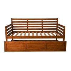 a wooden bed frame with drawers underneath it