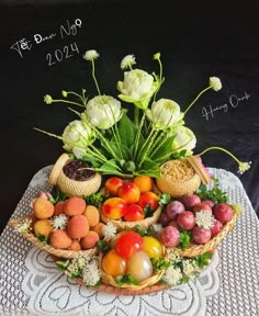 a basket filled with lots of different types of fruits and vegetables on top of a table