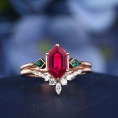 Hexagon Cut Ruby Engagement Ring Set Bezel Set Kite Cut - Etsy Red Emerald Ring, Red And Green Engagement Ring, Ruby Ring Art Deco, Wedding Rings With Ruby, Art Deco Gemstone Ring, Ruby And Emerald Engagement Ring, Ruby And Gold Engagement Ring, Ruby Red Engagement Ring, Emerald Cut Ruby Engagement Ring