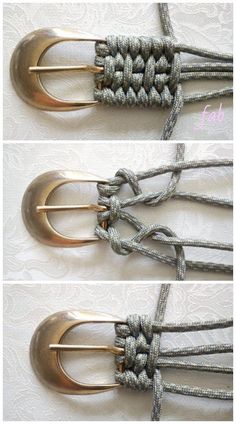 two pictures showing how to tie the ends of rope with metal clips and hooks on white fabric