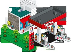 an illustration of a store with people at the gas pumps and cars parked in front