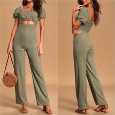 New With Tag Last 1- Out Of Stock Online Originally $84- Offer Me! Lulu’s Exclusive! What A Chic, Adorable Jumpsuit! Lightweight Woven Fabric Shapes This Jumpsuit With Elastic Square Neckline & Gathered Bodice (With Smocking At Back) All Framed By Princess Puff Sleeves. A Fitted, Cutout Waist Falls To Relaxed, Tailored Pant Legs. Festival, Anthropologie, Mothers Day, Wedding, Spring/Summer/Fall/Winter, Birthday, Easter, Graduation, Valentine,Christmas, Brandy Melville, Baublebar, Sister, Bridesm Fitted Green Jumpsuits And Rompers For Day Out, Fitted Green Jumpsuits For Day Out, Fitted Overalls For Brunch, Fitted Overall Jumpsuit For Brunch, Fitted Jumpsuits And Rompers For Brunch, Green Jumpsuits And Rompers For Day Out, Casual Fitted One-piece Jumpsuits And Rompers, Casual Fitted One-piece Jumpsuit, Green Jumpsuits And Rompers For Brunch