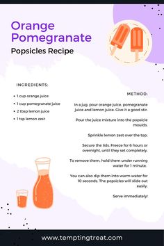 Orange Pomegranate Popsicles Recipe Orange Pomegranate, Popsicles Recipe, Popsicle Recipes, Pomegranate Juice, Ice Pops, Vegan Paleo, Lemon Zest, Popsicles, Meal Plans