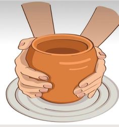 two hands holding a clay pot on a plate