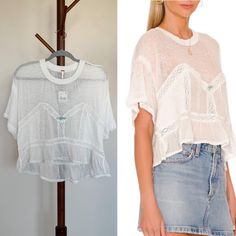 New Free People Fall In Love Tee In White/Ivory - Size Xs. Oversized Fit. Ruffle, Lace, & Dainty Flower Detail. Lightweight And Sheer Cotton/Polyester Blend. Bottom Ruffle Is 100% Cotton. Excellent Condition, New With Tags. Measurements Laying Flat: 21" Armpit To Armpit 11" Sleeve 23" Length Relaxed Fit Tops With Lace Trim For Daywear, Relaxed Fit Lace Trim Top For Daywear, Chic White Tops For Daywear, Spring Off White Crew Neck Tops, White Short Sleeve Top For Layering, Trendy Cream Tops For Layering, White Crew Neck Top With Ruffles, Trendy Cream Tops With Ruffles, Chic Tops With Lace Trim And Relaxed Fit