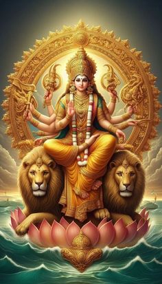 the hindu god sitting on top of two lions in front of a body of water