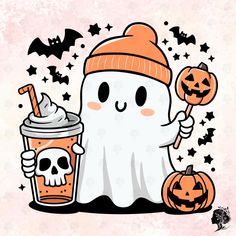 a ghost holding a jack - o - lantern and a drink