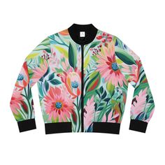 Step up your style game with this iconic bomber jacket with bold spring flowers - a true statement piece that's set to elevate your wardrobe. Boasting a stand-collar design and ribbed cuffs, collar, and hem, this jacket isn't just stylish, it's built to last. Crafted from 100% polyester, it offers both durability and comfort in equal measure. With its regular fit and sleek black lining, collar, cuffs, and hem, this bomber jacket exudes effortless cool. Complete with a copper zipper closure, it's the epitome of contemporary chic. Ready to make a statement? Slip into this bomber and own your style like never before. Spring Outerwear With Ribbed Cuffs, Spring Outerwear With Ribbed Cuffs And Stand Collar, Casual Spring Outerwear With Graphic Print, Spring Floral Print Outerwear With Stand Collar, Trendy Graphic Print Spring Outerwear, Spring Streetwear Track Jacket With Graphic Print, Trendy Spring Track Jacket With Ribbed Cuffs, Graphic Print Track Jacket For Spring Streetwear, Trendy Track Jacket With Ribbed Cuffs For Spring