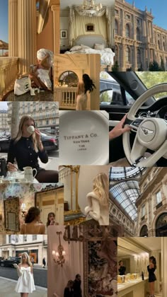 a collage of photos with women in cars and people standing around the car showroom