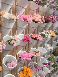 several buckets filled with flowers hanging on a wall