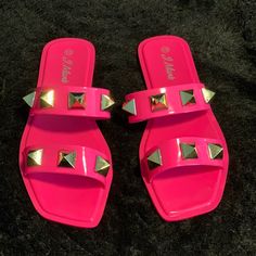 New J. Mark Flat Double Strap Pink Sandals With Gold Pointy Pyramid Shape Studs On Each Strap Never Worn, See Photos Pink Casual Flat Jelly Sandals, Trendy Pink Flip Flops For Summer, Pink Synthetic Sandals For Vacation, Pink Open Toe Flip Flops For Summer, Trendy Pink Flip Flops For Vacation, Pink Flat Jelly Sandals For Beach, Pink Jelly Sandals For Summer Vacation, Pink Open Toe Jelly Sandals For Vacation, Pink Flat Jelly Sandals For Vacation