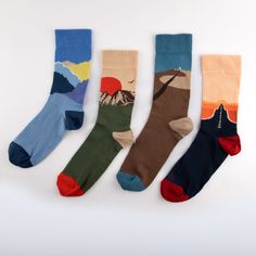 The Mens Cozy Socks are a vibrant and stylish choice for those who want to make a fashion statement. With their landscape patterns, these cute socks are perfect for those who appreciate unique and eye-catching designs. -This set of socks includes 4 pairs of socks, each with a different landscape pattern,  -- Free Gift Wrapping Included! 📏Sizes: Designed to fit American sizes 6.5 - 8.5, 9 - 11. These stretchy socks promise a cozy fit that hugs your feet without feeling too tight. - 20% discount: Take advantage of our 20% discount and get these socks at a great price. - Fast and free shipping: We offer fast and free shipping,to US so you can receive your socks conveniently without any additional costs. - Organic cotton: These socks are made from organic cotton, making them an eco-friendly c Vibrant Landscape, Landscape Pattern, Sock Packs, Cozy Socks, Scenic Beauty, Patterned Socks, Cute Socks, Cotton Set, Cozy Fits