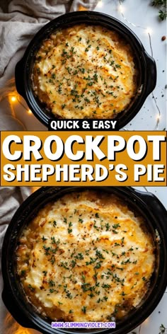 two crockpot shepherd's pies with cheese and herbs in the middle