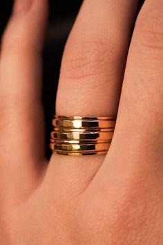 "Women Owned + Operated | Hand Crafted To Order | Size Inclusive | Sustainably Made | High Quality Metals | Nickel-Free | Ethically Sourced These \"extra thick\" rings and \"ultra thin\" rings mix together beautifully! The contrast between thick and thin is incredibly eye-catching. Either wear them all at once or mix them in with your favorite rings for extra width and sparkle! Each ring is individually cut, soldered and polished for a beautiful hand-crafted, high-quality ring. This listing is f Thick Stacking Ring, Stacking Rings Gold, Thick Rings, Thick Ring, Bold Rings, Stacking Ring Set, Ring Stack, Rings Gold, Stackable Ring