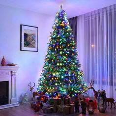 a brightly lit christmas tree in a living room